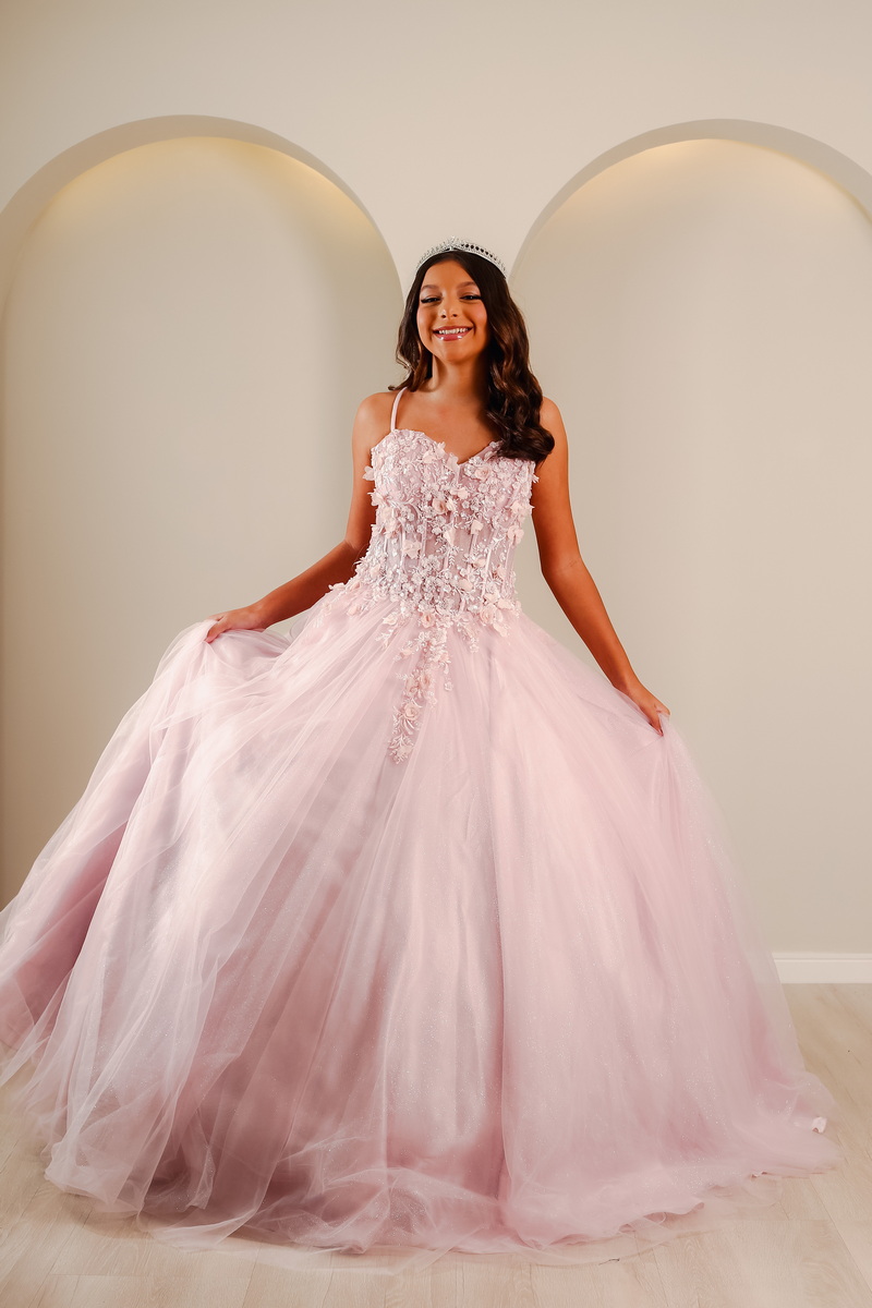 Vestido de Debutante Rosé Princesa com Flores 3D