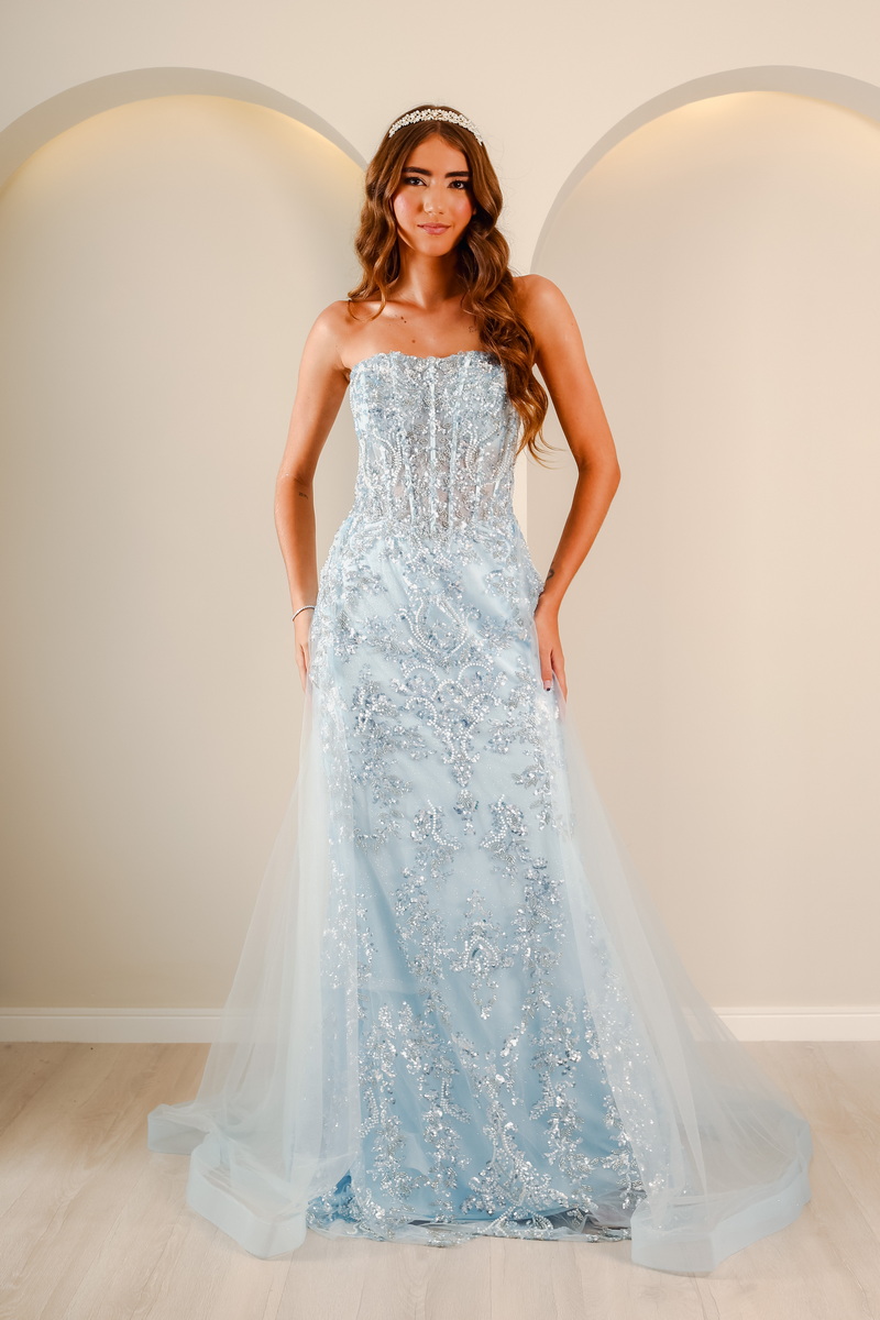 Vestido de Debutante Azul Celeste Sereia com Brilho