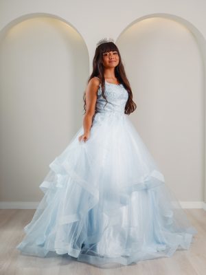 Vestido de Debutante Azul Celeste Babados Camadas