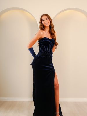 Vestido de Debutante Azul Marinho Sereia em Veludo