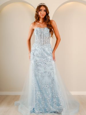 Vestido de Debutante Azul Celeste Sereia com Brilho